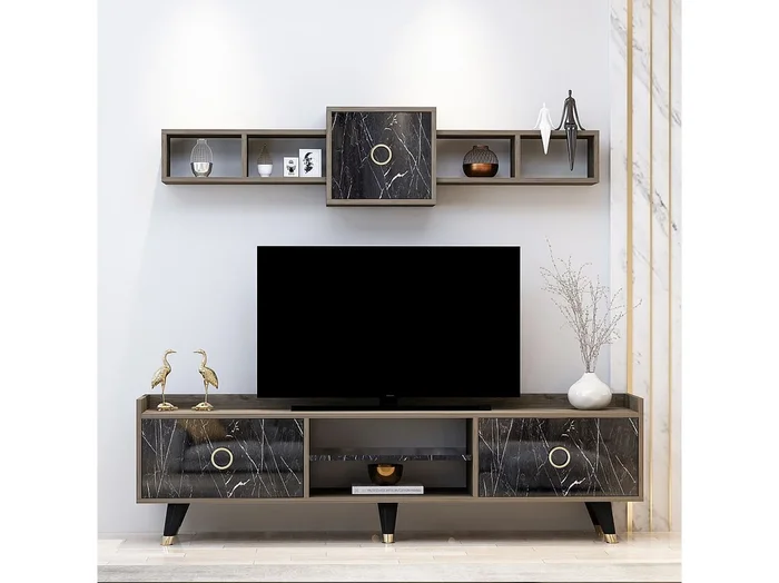 Conjunto de salón Kailua 1712, Mármol negro Madera oscura, Aglomerado laminado, 180x35cm