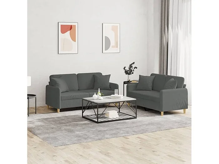 Conjunto de sofá 2 piezas cojines tela gris oscuro