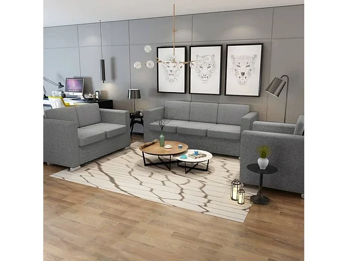 Conjunto de sofás 3 unidades tela gris claro