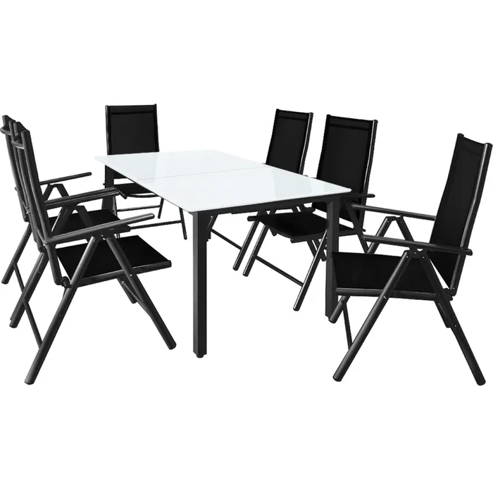 Conjunto mesa y sillas Berna 1+6 aluminio vidrio blanco negro
