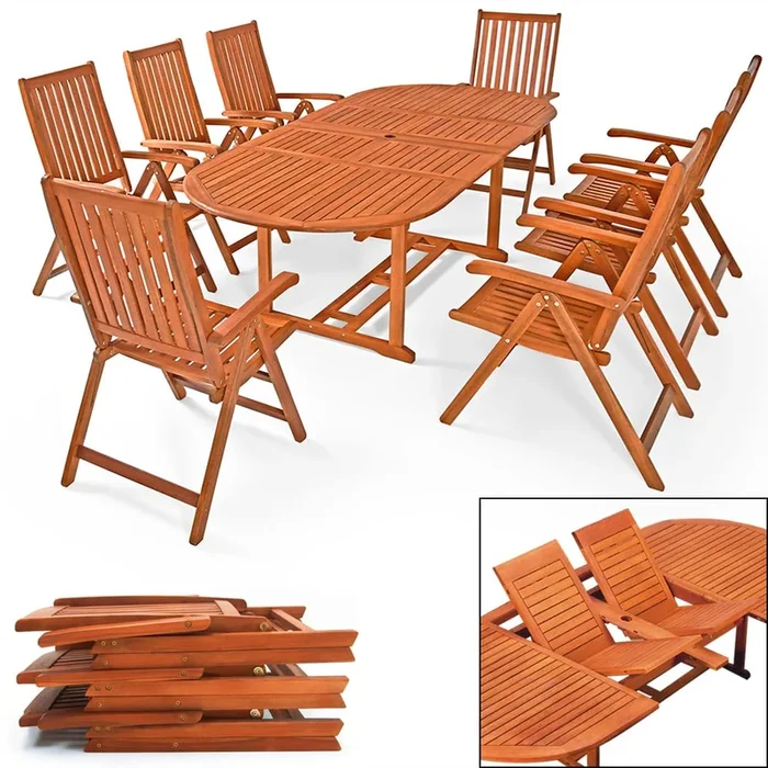 Conjunto mesa y sillas Moreno 1+8 madera de eucalipto
