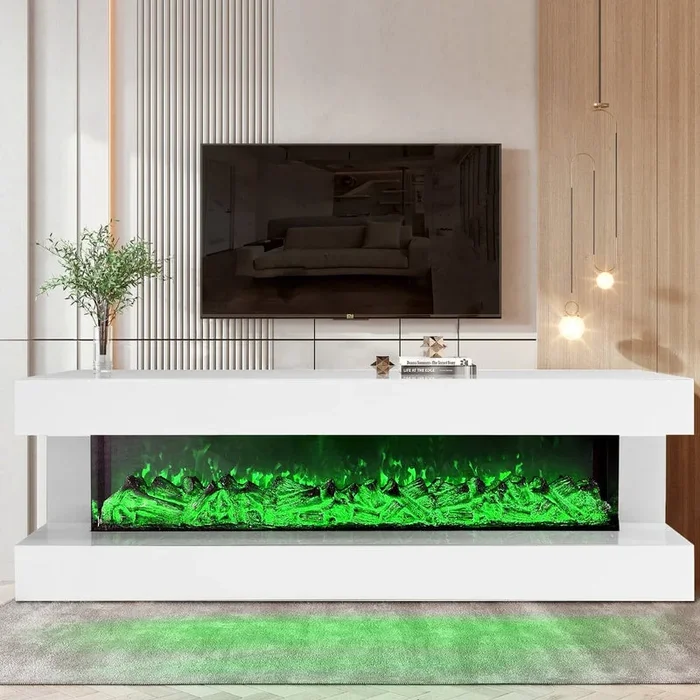 Crystal White TV Stand with Fireplace