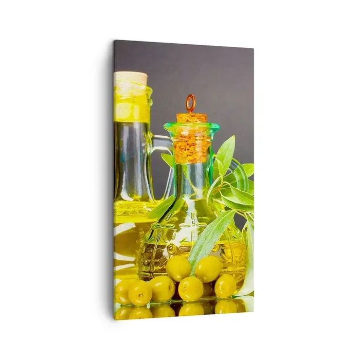 Cuadro sobre lienzo – Impresión de Imagen – Bodegón con aceitunas y aceite – 45×80 cm