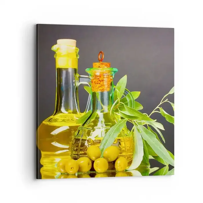 Cuadro sobre lienzo – Impresión de Imagen – Bodegón con aceitunas y aceite – 70×70 cm