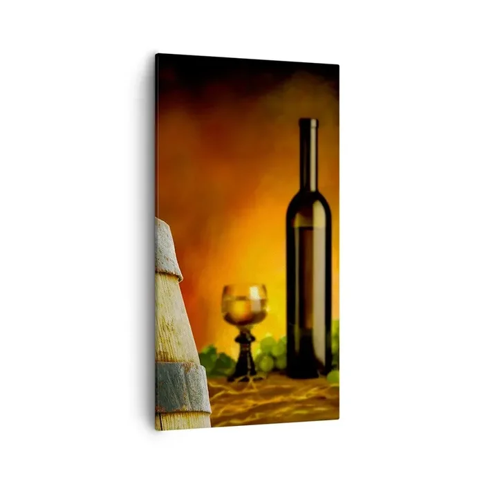Cuadro sobre lienzo – Impresión de Imagen – Bodegón con botella de vino y racimo de uvas – 55×100 cm