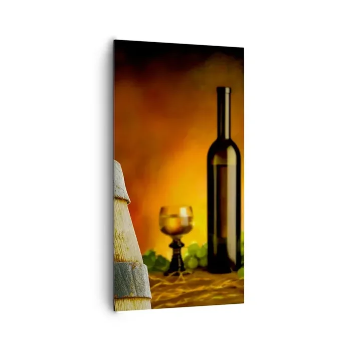 Cuadro sobre lienzo – Impresión de Imagen – Bodegón con botella de vino y racimo de uvas – 65×120 cm