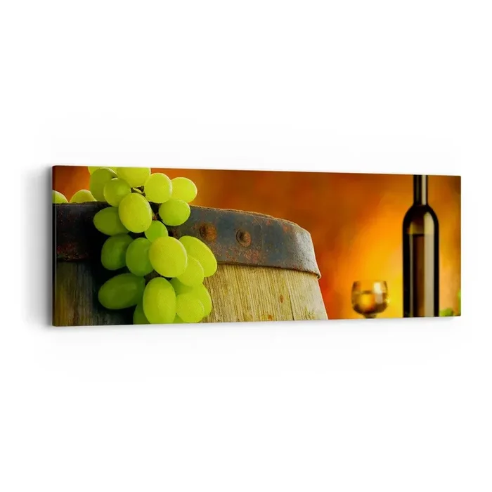 Cuadro sobre lienzo – Impresión de Imagen – Bodegón con botella de vino y racimo de uvas – 90×30 cm