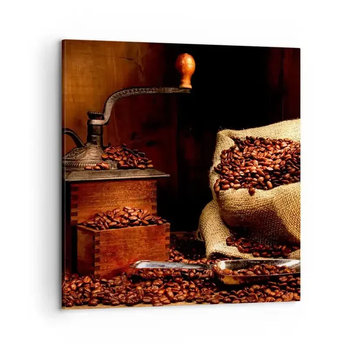 Cuadro sobre lienzo – Impresión de Imagen – Bodegón con granos de café y molinillo – 50×50 cm
