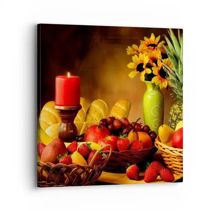 Cuadro sobre lienzo – Impresión de Imagen – Bodegón con pan y fruta – 30×30 cm