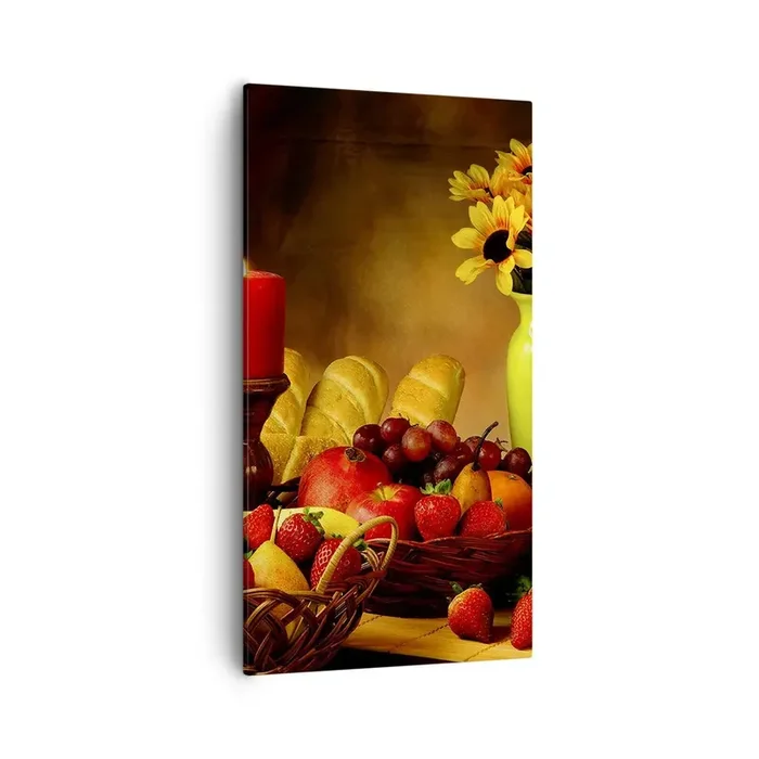Cuadro sobre lienzo – Impresión de Imagen – Bodegón con pan y fruta – 55×100 cm