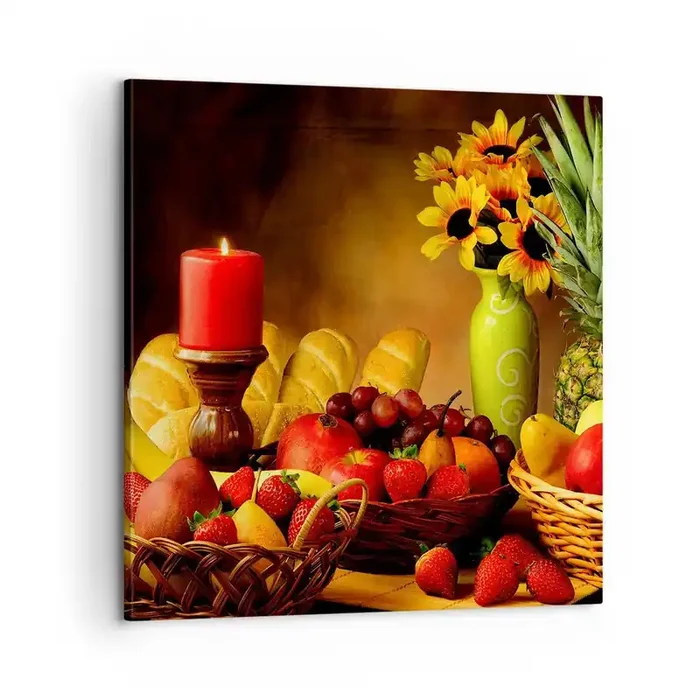 Cuadro sobre lienzo – Impresión de Imagen – Bodegón con pan y fruta – 60×60 cm