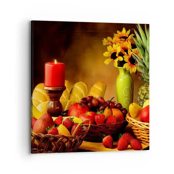 Cuadro sobre lienzo – Impresión de Imagen – Bodegón con pan y fruta – 70×70 cm
