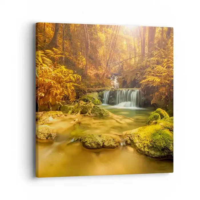 Cuadro sobre lienzo – Impresión de Imagen – Cascada forestal en oro – 40×40 cm