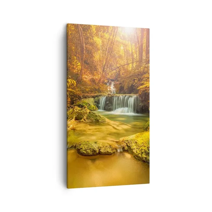Cuadro sobre lienzo – Impresión de Imagen – Cascada forestal en oro – 45×80 cm