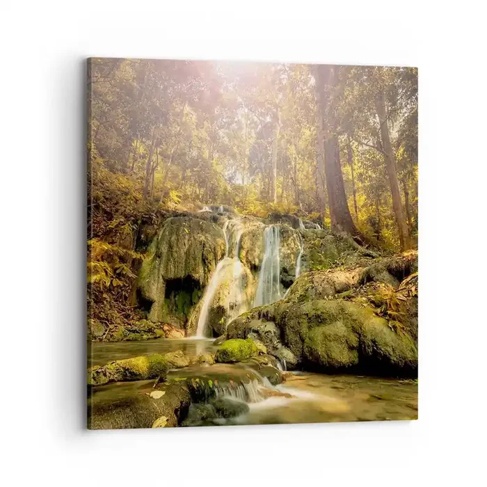 Cuadro sobre lienzo – Impresión de Imagen – Cascada forestal en verde – 70×70 cm