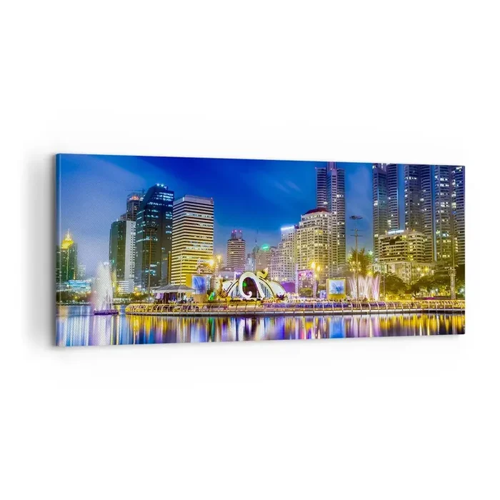 Cuadro sobre lienzo – Impresión de Imagen – La noche del arco iris de la metrópoli – 100×40 cm
