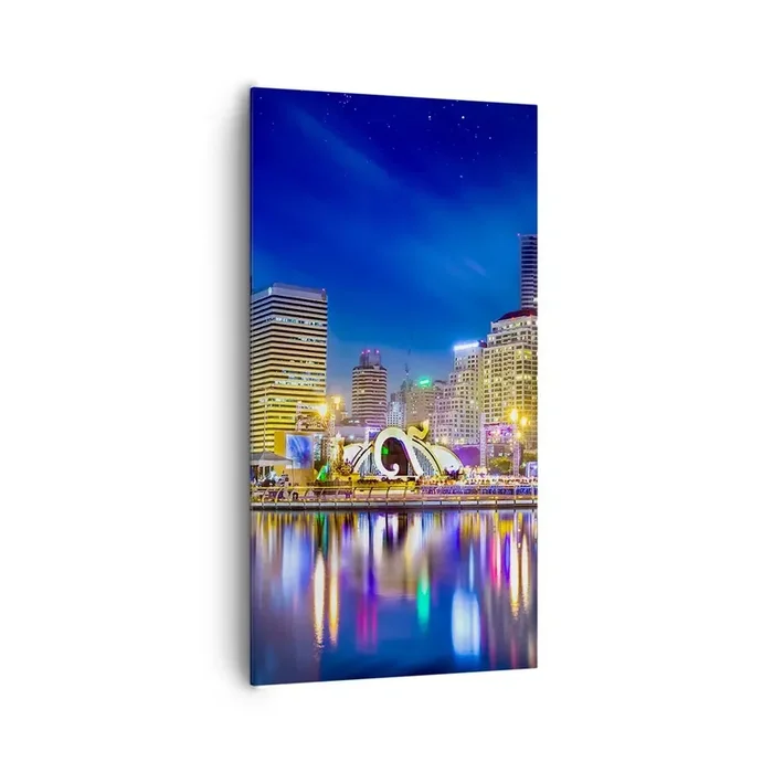 Cuadro sobre lienzo – Impresión de Imagen – La noche del arco iris de la metrópoli – 65×120 cm