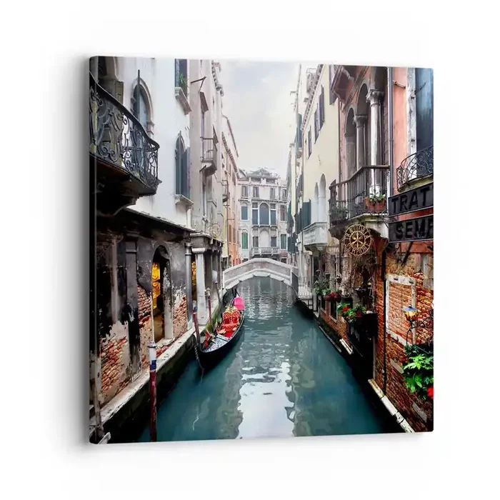 Cuadro sobre lienzo – Impresión de Imagen – Paisaje veneciano con góndola y puente – 40×40 cm
