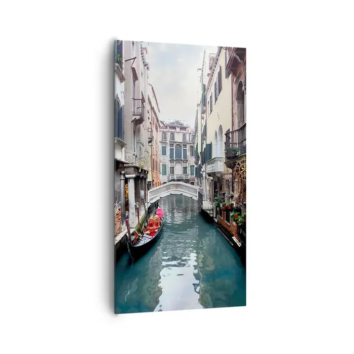 Cuadro sobre lienzo – Impresión de Imagen – Paisaje veneciano con góndola y puente – 65×120 cm