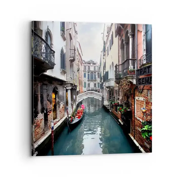 Cuadro sobre lienzo – Impresión de Imagen – Paisaje veneciano con góndola y puente – 70×70 cm