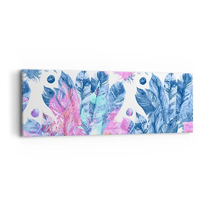 Cuadro sobre lienzo – Impresión de Imagen – Plumas de color rosa y azul – 90×30 cm
