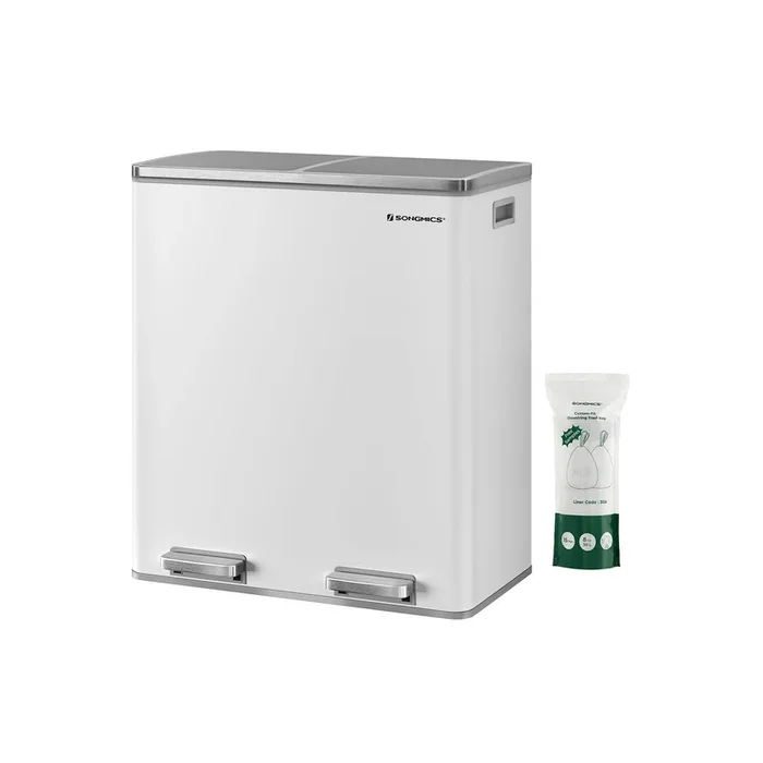 Cubo de Basura con Doble Compartimento Papelera con Pedal de Metal Blanco Plata-SONGMICS