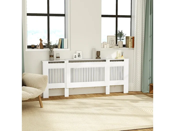 Cubreradiador extensible de MDF blanco con balda de almacenaje 125-201x19x81,5 cm