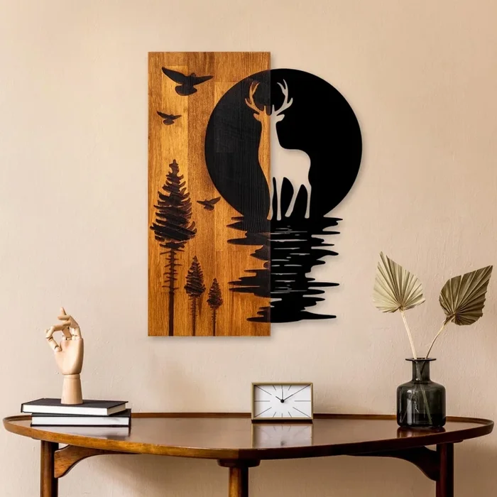 Decoración de pared 43×58 cm ciervo y luna madera/metal