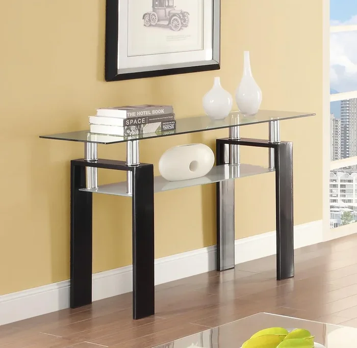 Dyer Black Tempered Glass Sofa Table with Shelf