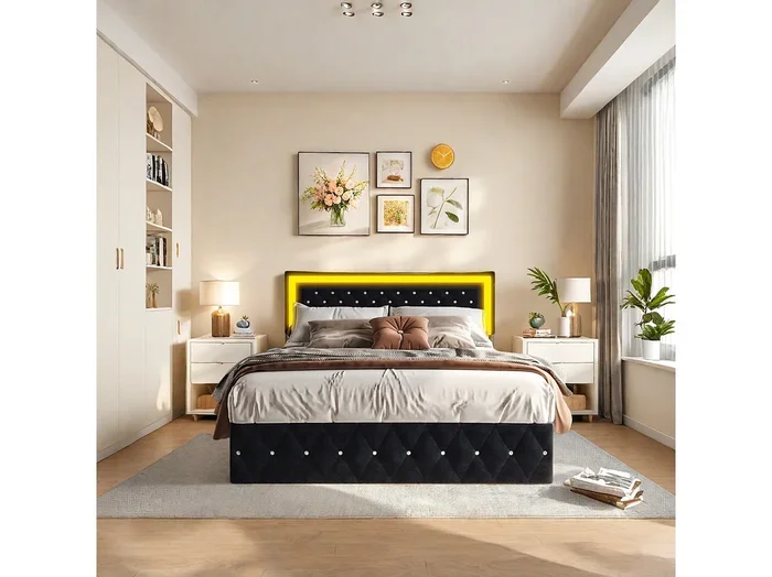 Elegante cama tapizada 160×200 con gran cabecero elevable, cama de terciopelo con LED, sistema de almacenaje hidráulico, cama clásica negra