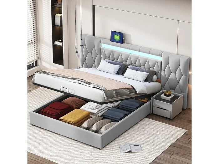 Elegante cama tapizada de 160 x 200 cm con respaldo grande, tapizada en terciopelo, con LED y toma USB, gris