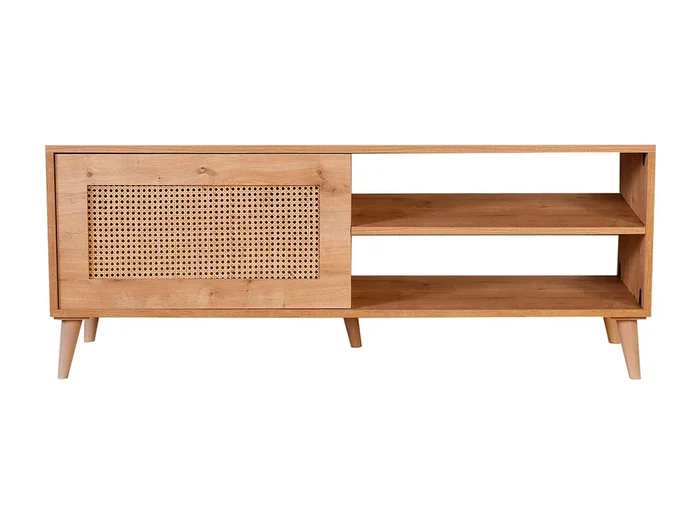 Elegante mueble de TV de roble, 138 x 55 x 41 cm Tablero de partículas revestido 100 % melaminizado, patas de carpe (15 cm) Perfecto para salones modernos