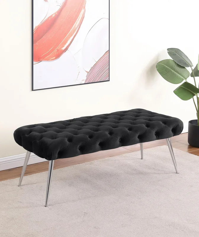 Ella Black Upholstered Tufted Bench Stainless Steel Legs