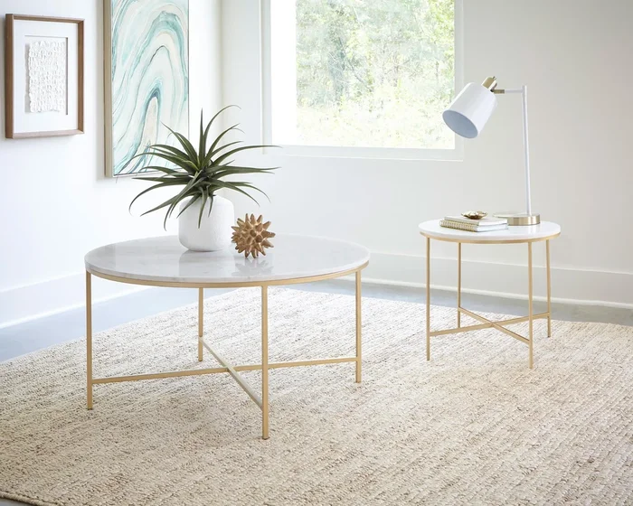 Ellison White and Gold 2-Piece Round Marble Coffee and End Table Set