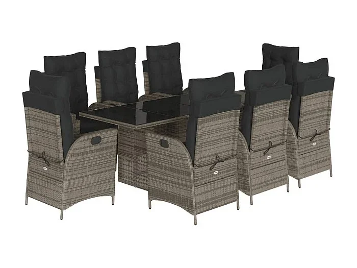 Emory Set comedor jardín 9 pzas y cojines ratán sintético gris