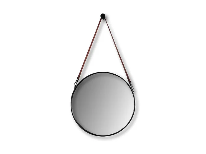 Espejo redondo de metal negro con correa de cuero artificial 49 x 3 x 68