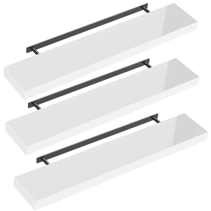 Estante de pared Estante suspendido 110cm juego de 3 blanco alto brillo + soporte