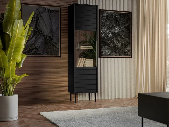 Estantería Flosoru 107, Con puertas Cerrable, Vidrio templado MDF Aglomerado laminado,