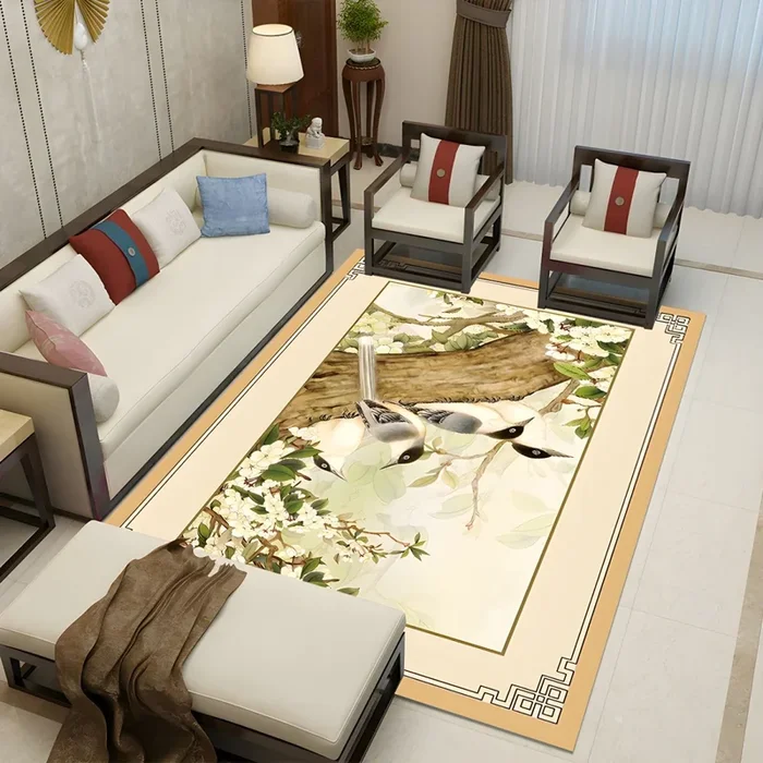 Estilo Asia Alfombra Lavable con Patrón de Planta Oriental Tapete Sintético Multicolor para Salón – Amarillo claro 60 x 90 cm