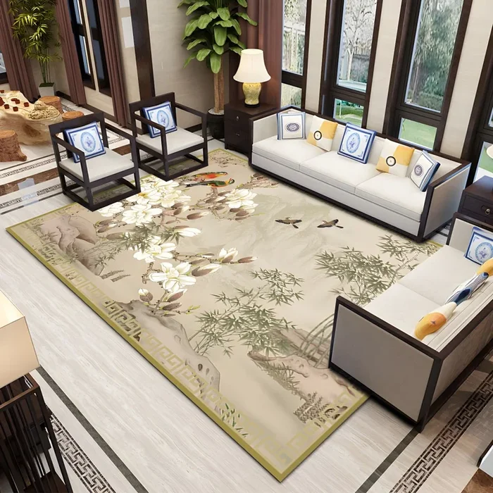 Estilo Asia Alfombra Lavable con Patrón de Planta Oriental Tapete Sintético Multicolor para Salón – Caqui 100 x 160 cm
