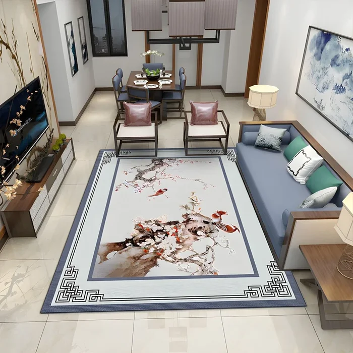 Estilo Asia Alfombra Lavable con Patrón de Planta Oriental Tapete Sintético Multicolor para Salón – Azul claro 180 x 250 cm