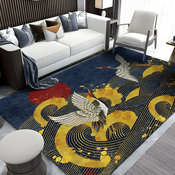 Estilo Asia Alfombra Lavable con Patrón de Planta Oriental Tapete Sintético Multicolor para Salón – Azul oscuro 80 x 160 cm