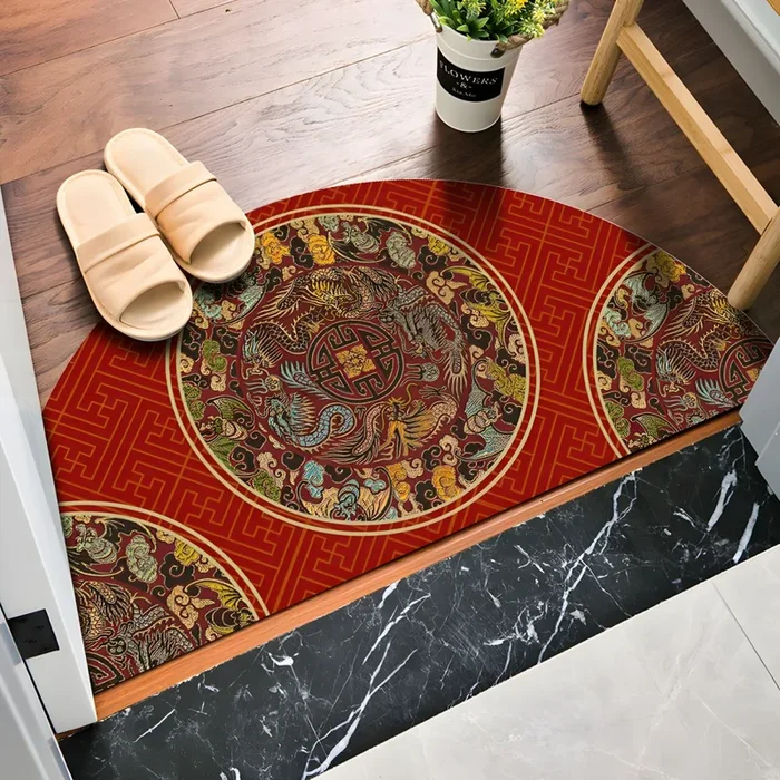 Estilo Asia Alfombra Semicircular de Polipropileno Multicolor Tapiz Lavable con Patrón Oriental para Salón – Rojo oscuro 100 x 180 cm