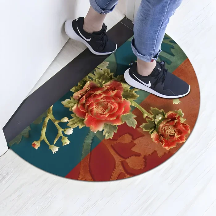 Estilo Asia Alfombra Semicircular de Polipropileno Multicolor Tapiz Lavable con Patrón Oriental para Salón – Rojo 120 x 200 cm
