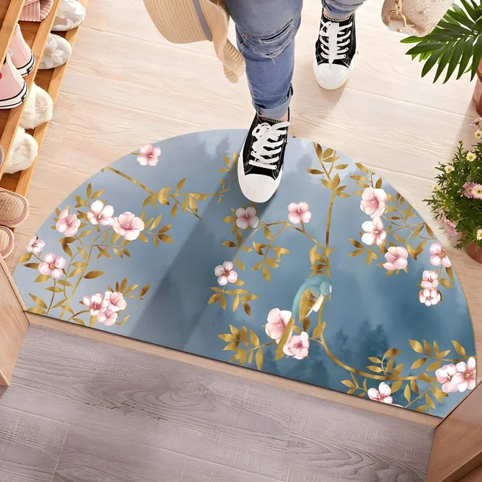 Estilo Asia Alfombra Semicircular de Polipropileno Multicolor Tapiz Lavable con Patrón Oriental para Salón – Azul Agua 100 x 180 cm