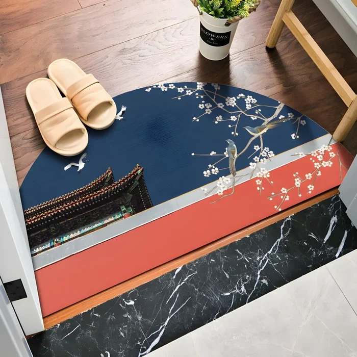 Estilo Asia Alfombra Semicircular de Polipropileno Multicolor Tapiz Lavable con Patrón Oriental para Salón – Azul oscuro 80 x 120 cm