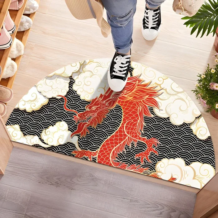 Estilo Asia Alfombra Semicircular de Polipropileno Multicolor Tapiz Lavable con Patrón Oriental para Salón – Negro 120 x 200 cm