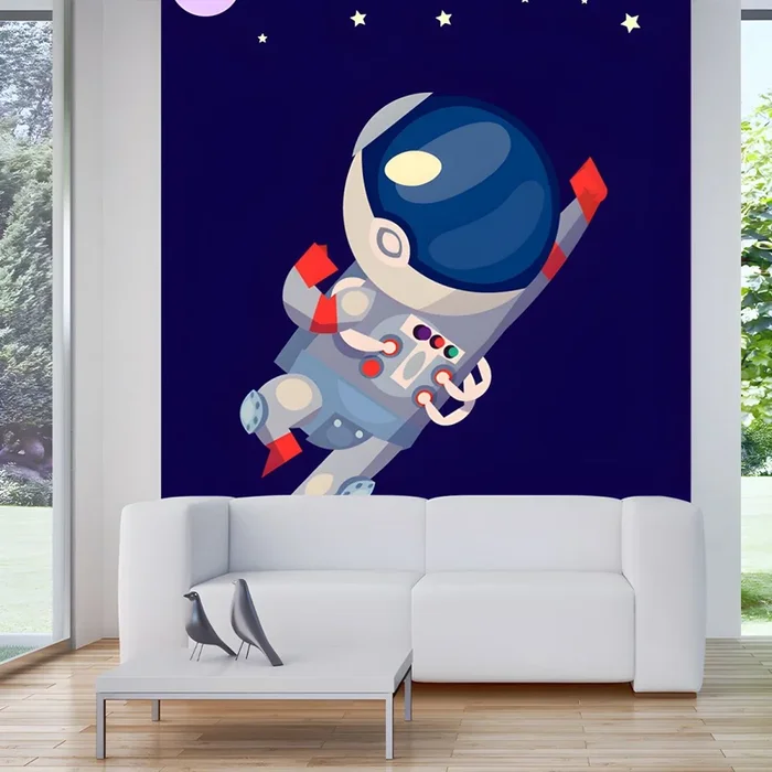 Estilo Infantil Mural de Revestimiento de Paredes no Tejido en Gran Tamaño Arte Mural con Dibujo de Astronauta para Sala – Azul marino 208 x 147 cm
