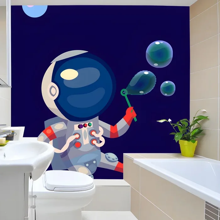 Estilo Infantil Mural de Revestimiento de Paredes no Tejido en Gran Tamaño Arte Mural con Dibujo de Astronauta para Sala – Azul 312 x 221 cm