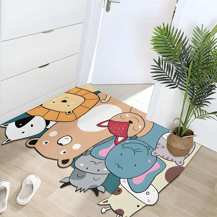 Estilo Infantil Tapete PVC Antideslizante con Patrón de Animales Alfombra de Área Multicolor para Entrada – Azul 120 x 180 cm